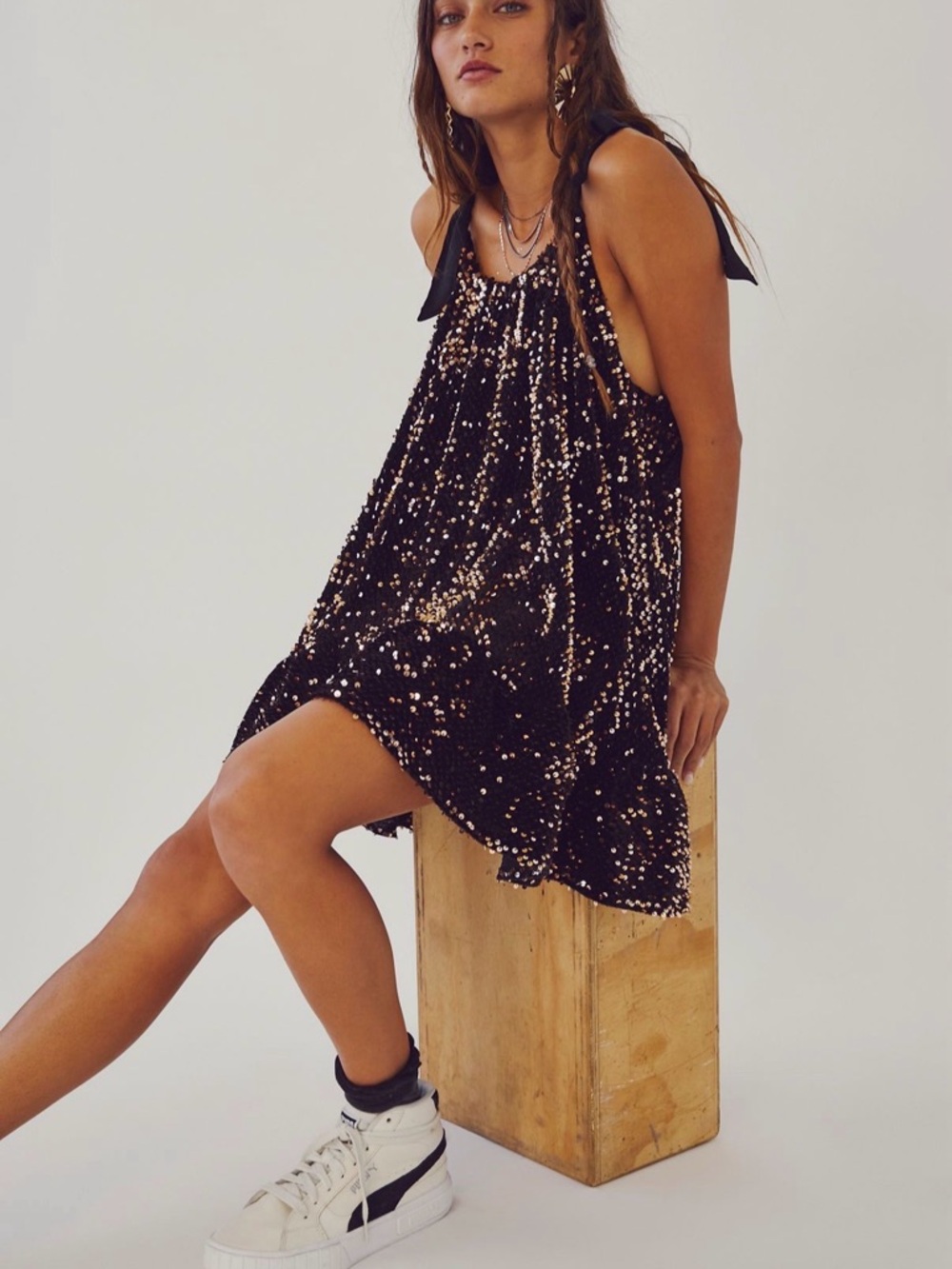 Free People Black Sequin Midi Dress with Gold Sparkle